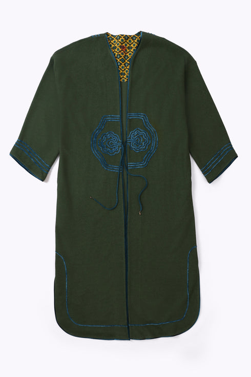 Embroidered long coat in cotton and viscose cashmere with pockets